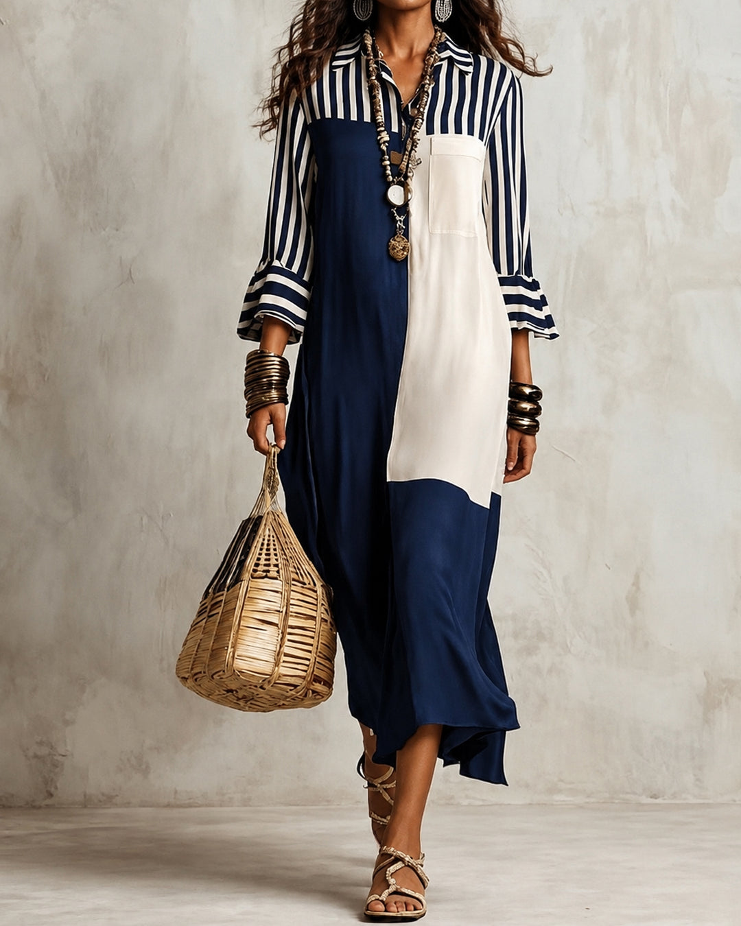 Elegant Striped Patchwork 3/4 Sleeve Shirt Dress
