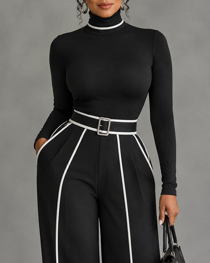 Women's 2 Piece Outfit Minimalist Cropped Turtleneck Top+High-waisted Striped Wide-leg Trousers