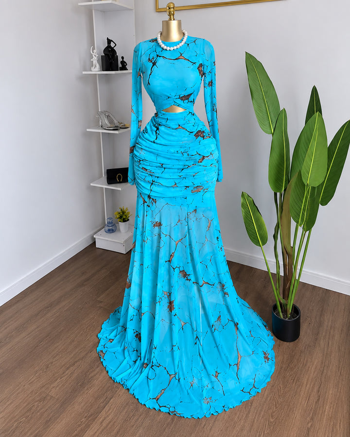 High Quality Women Floral Print Long Sleeve Mesh Maxi Dress