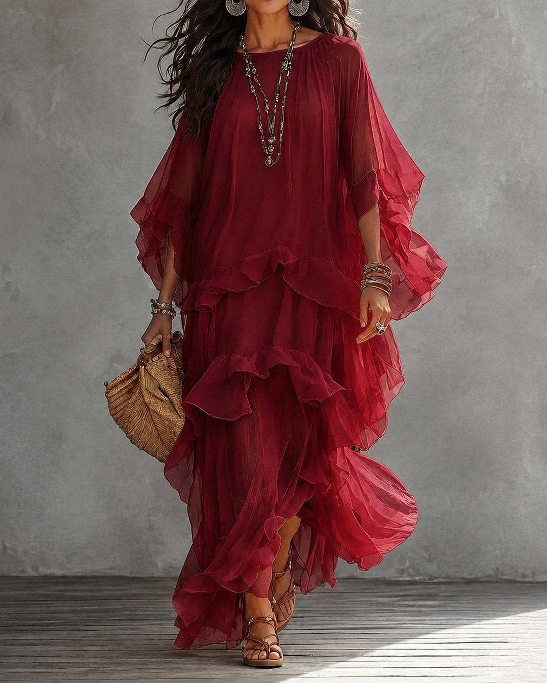 Boho Ruffle Tiered Chiffon Maxi Dress