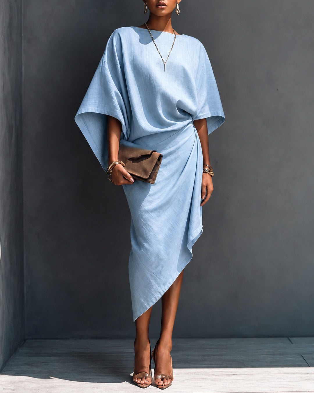Cotton and Linen Batwing Sleeve Wrap-style Asymmetrical Midi Dress