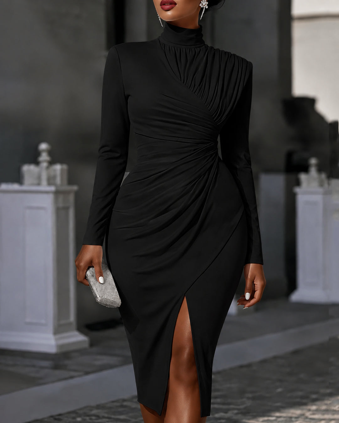 Turtleneck Long Sleeve Ruched Wrap Midi Dress