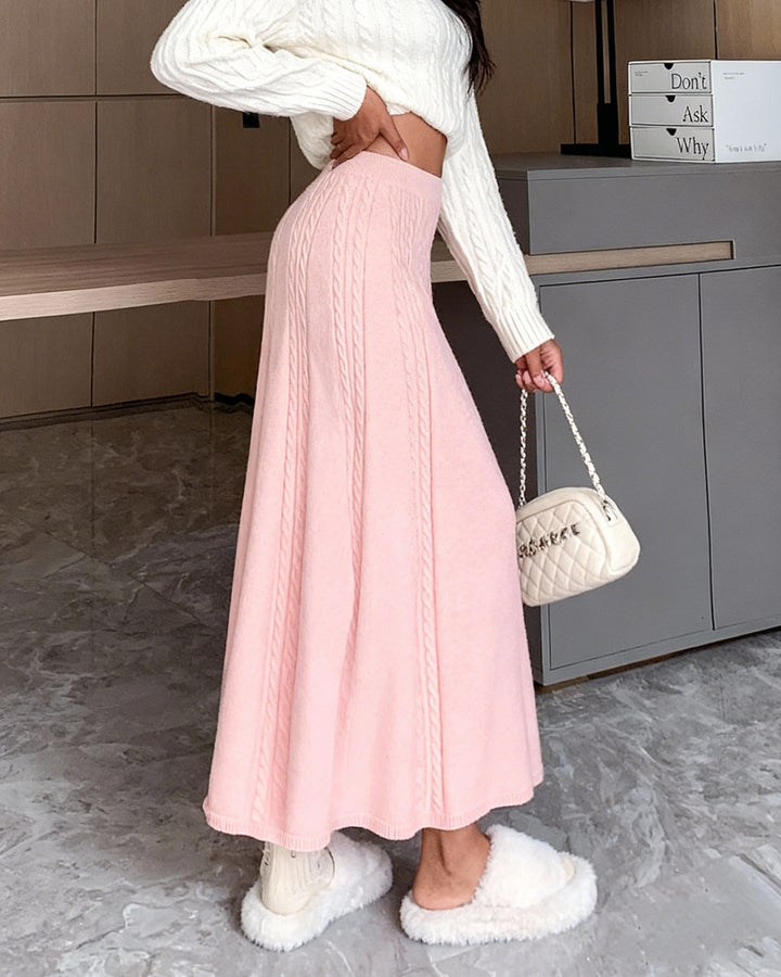Twist Knitted Wool Skirt Mid-Length Large Swing Umbrella Skirt High Waist A- Line Long Skirt