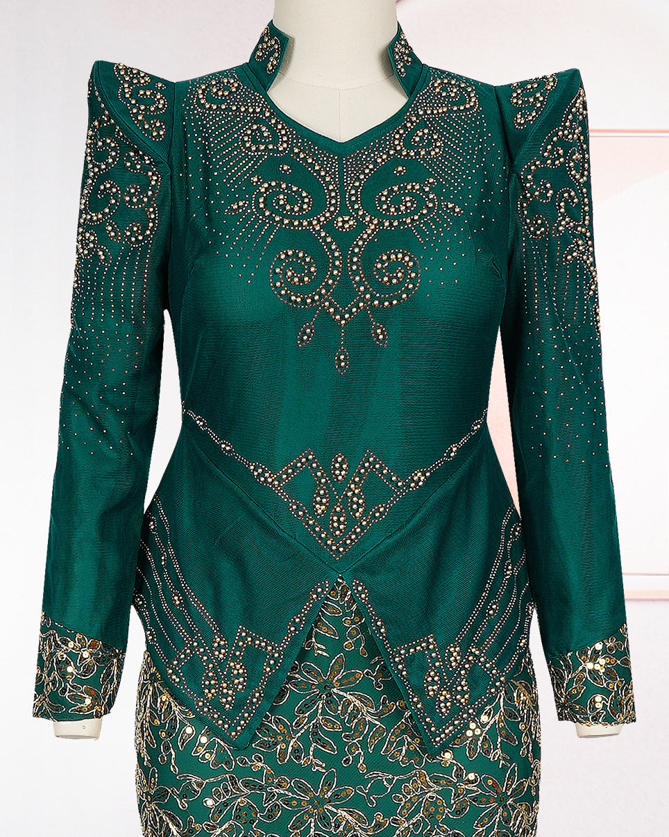 Plus Size Emerald Green Gold Embroidered Maxi Formal Gown