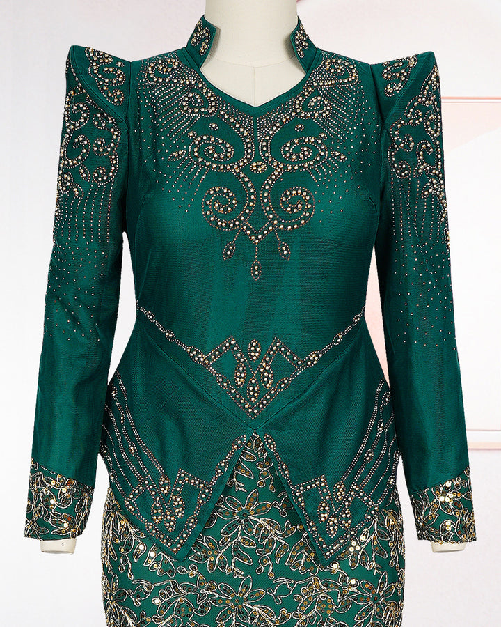 Plus Size Emerald Green Gold Embroidered Maxi Formal Gown