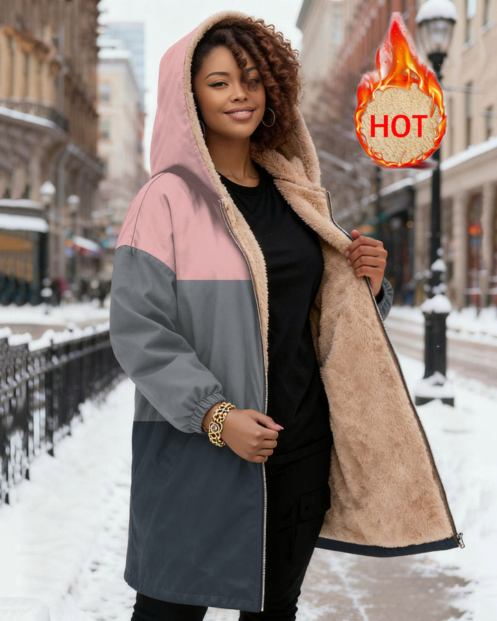 Simple Color Blocking Long Sleeve Zip-Up Fleece Long Hoodies