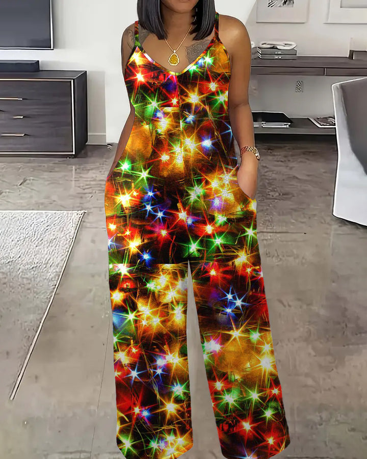 Christmas Light Graffiti Print Straight Suspenders Jumpsuit