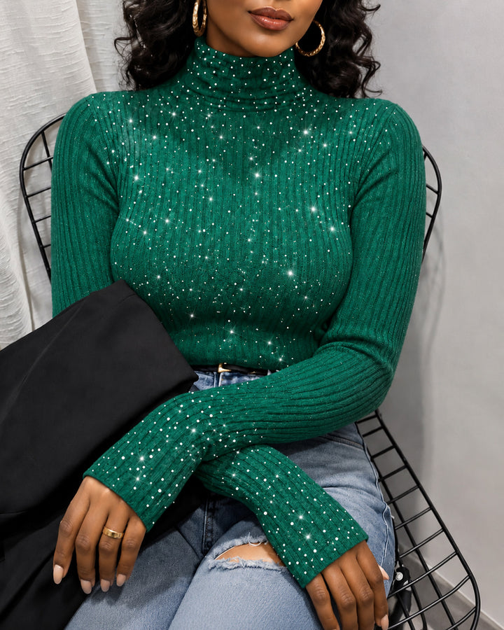 Turtleneck Rhinestone-Studded Stretch Long-Sleeved Sweater
