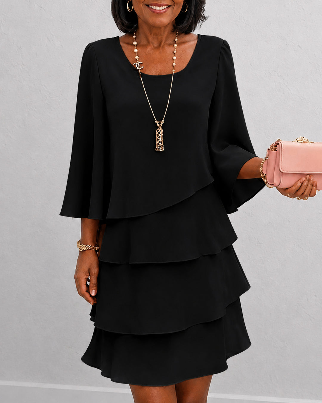 Round Neck Three-quarter Sleeves Elegant Layered Ruffle Dress