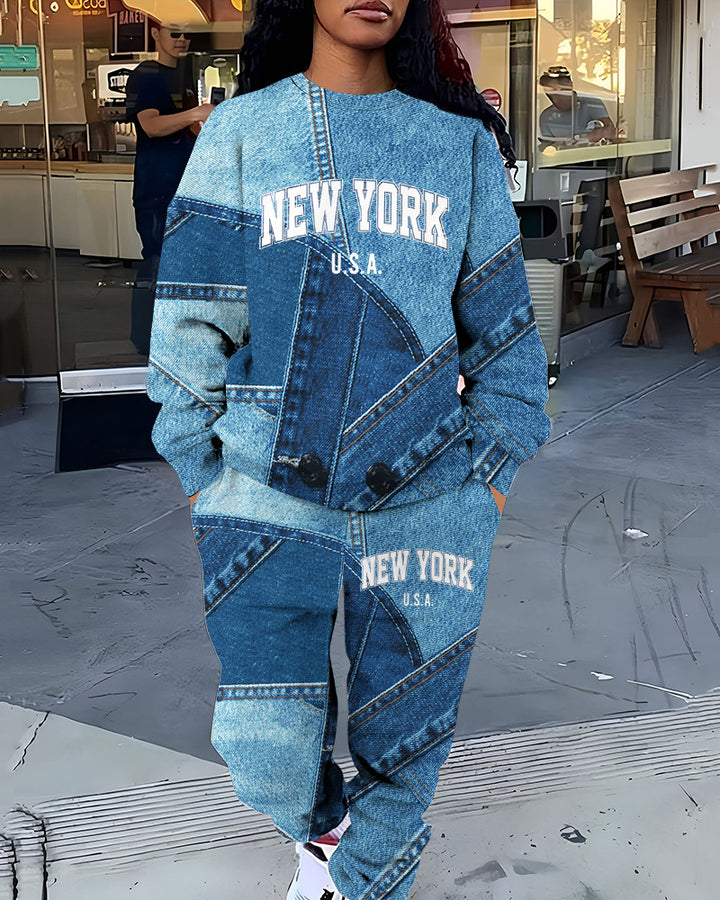 New York Denim Patch Print Crew Neck Sweatshirt Two Pieces Set
