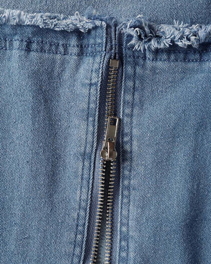 Vintage Casual Hooded V-neck Zipper Side Slits Buttons Denim Midi Dress