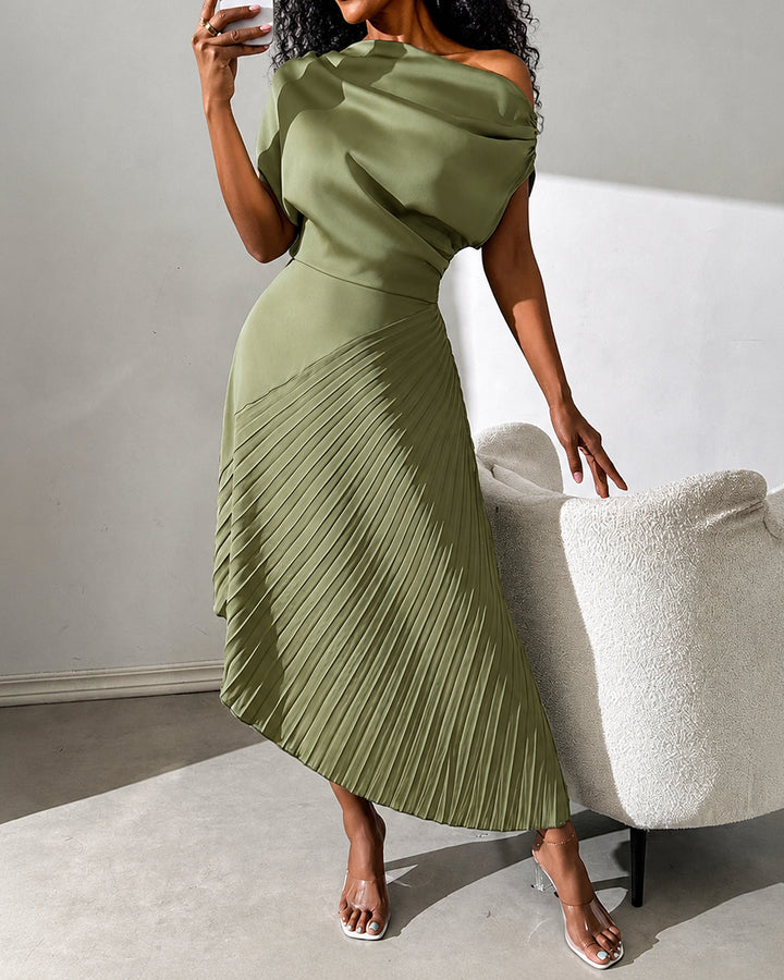Women's Elegant Open Shoulder Dress With Pleated Panel Maxi Satin Women Outfit