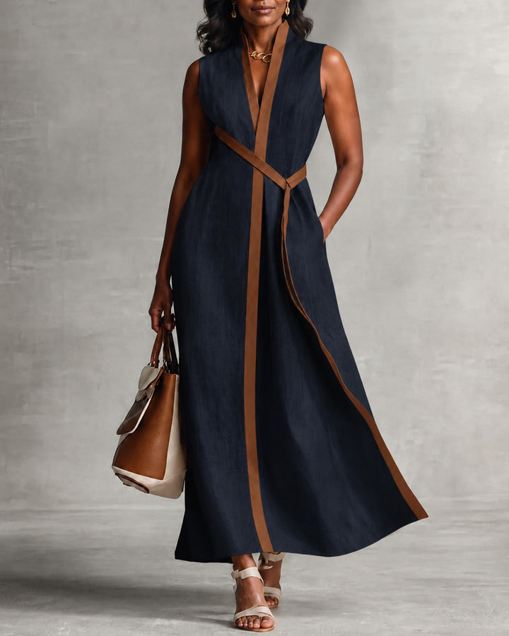 Women's Color Block Sleeveless Stand Collar Linen Blend Dress