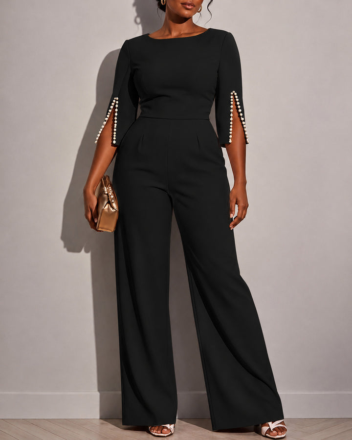 Women's Round Neck Pearl Sleeve Wide-leg High-waisted Jumpsuit