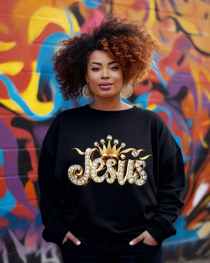 Diamond Color Jesus Letters Print Crewneck Long Sleeve Sweatshirt