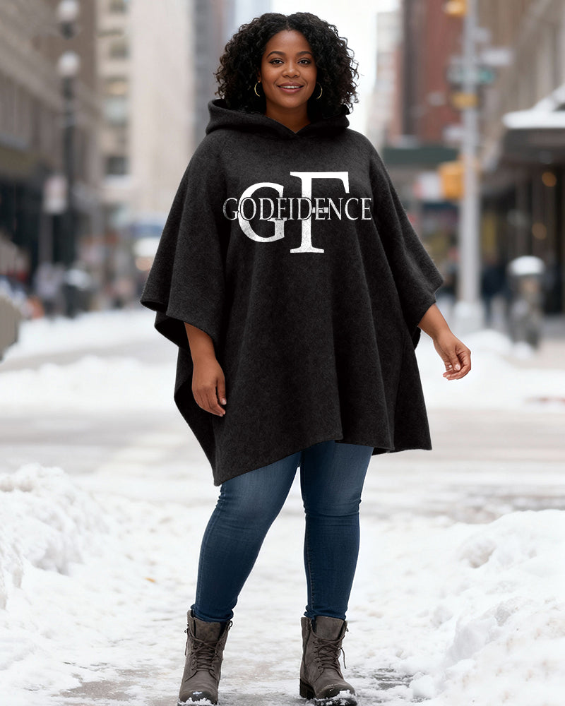 God Fidence Print Fleece Hooded Loose Cape