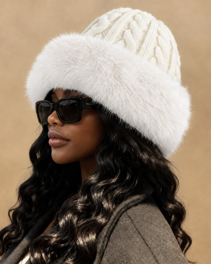 Women Cable Knit Beanie Hat with Wide Faux Fur Trim