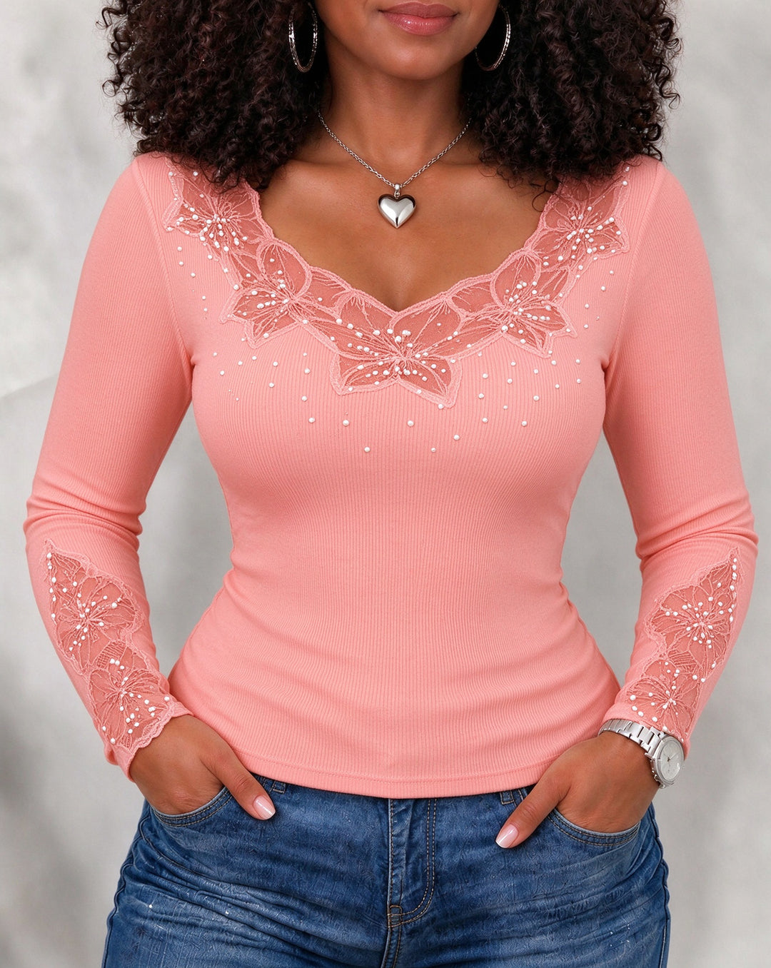 Women Lace V Neck Beaded Rhinestone Long Sleeve