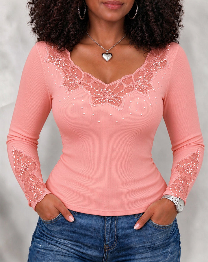 Women Lace V Neck Beaded Rhinestone Long Sleeve
