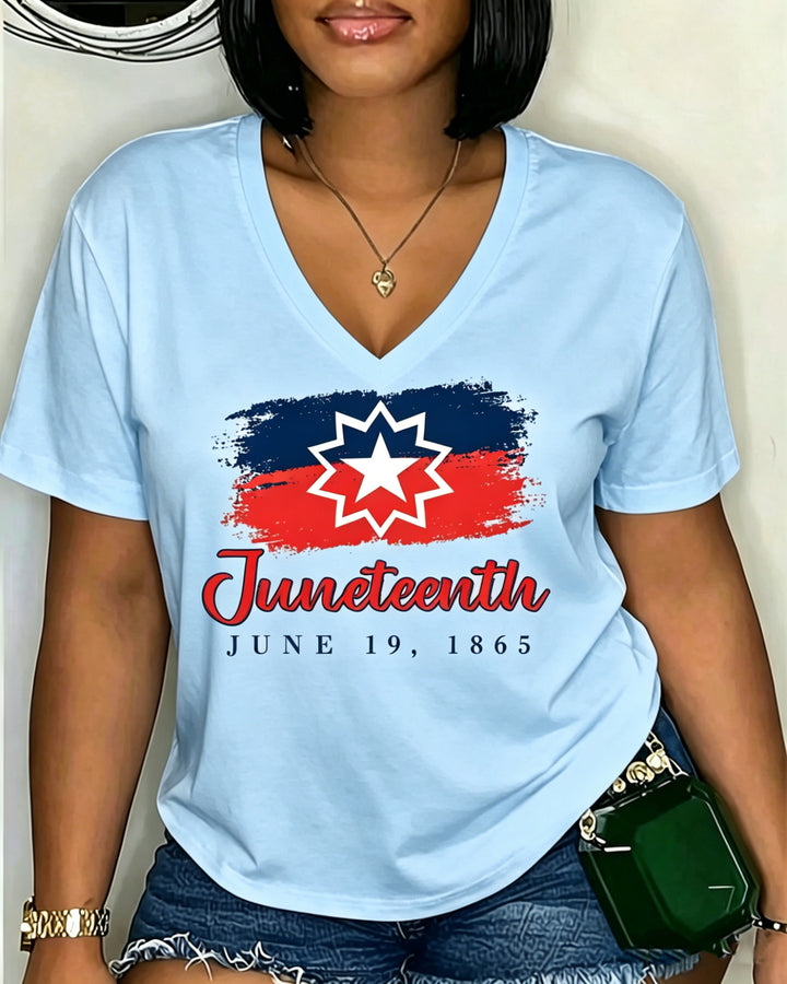 100% Cotton JUNETEENTH 1865 Official Flag V Neck Short Sleeve Tshirt