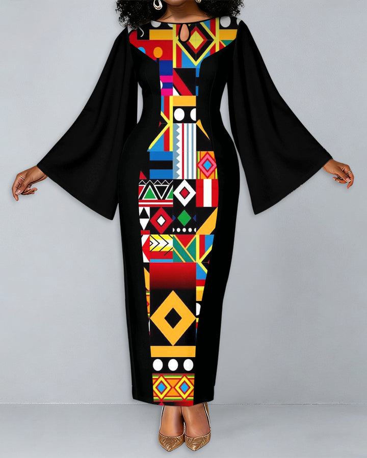 Colorful Geometric Patterns Round Neck Bell Sleeve Bodycon Long Dress