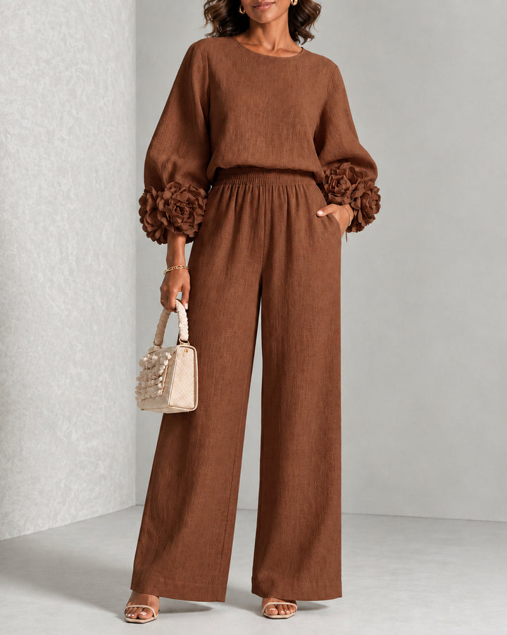 Women 3D Flower Cuff Top & Wide Leg Pants Matching Set Elegant 2 Piece Outfit