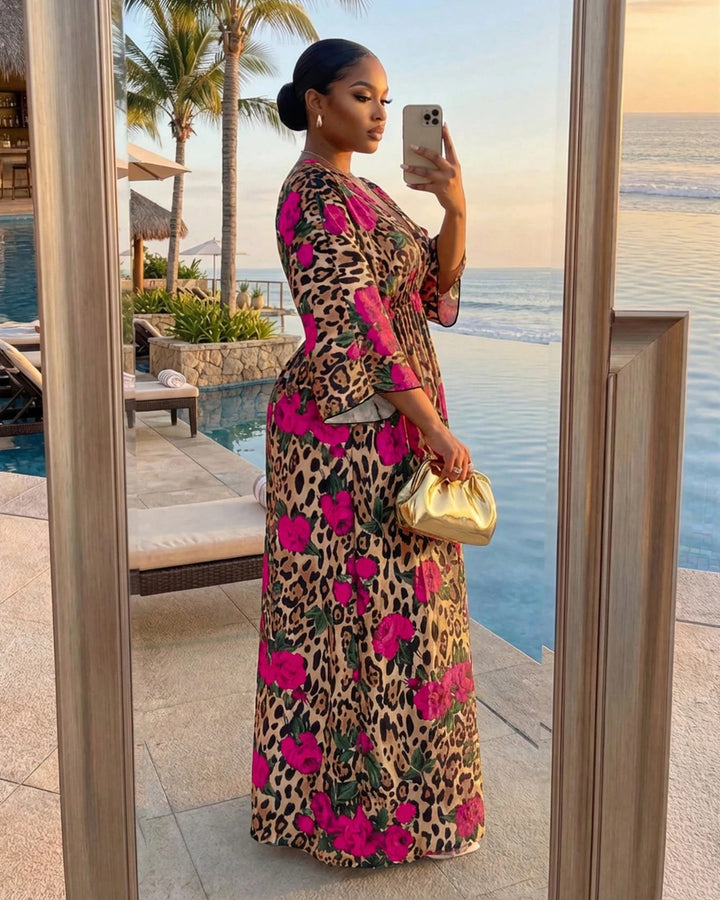 Classic Leopard Print Rose Deep V-Neck Slit Thigh Vacation Dress