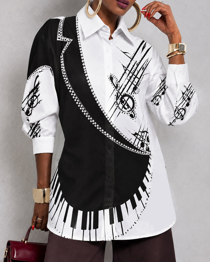 Loose Three-Quarter Sleeves Buttoned Piano Musical Symbols Printed Lapel Blouses&Shirts Tops