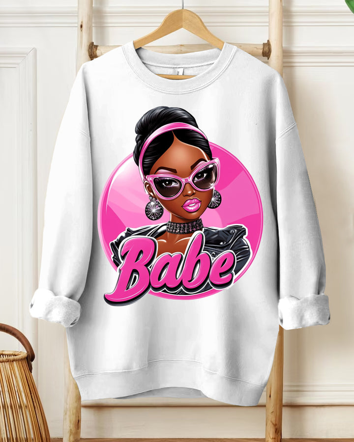 Fashion Doll Print Round Neck Long Sleeve Casual Sweatshirt