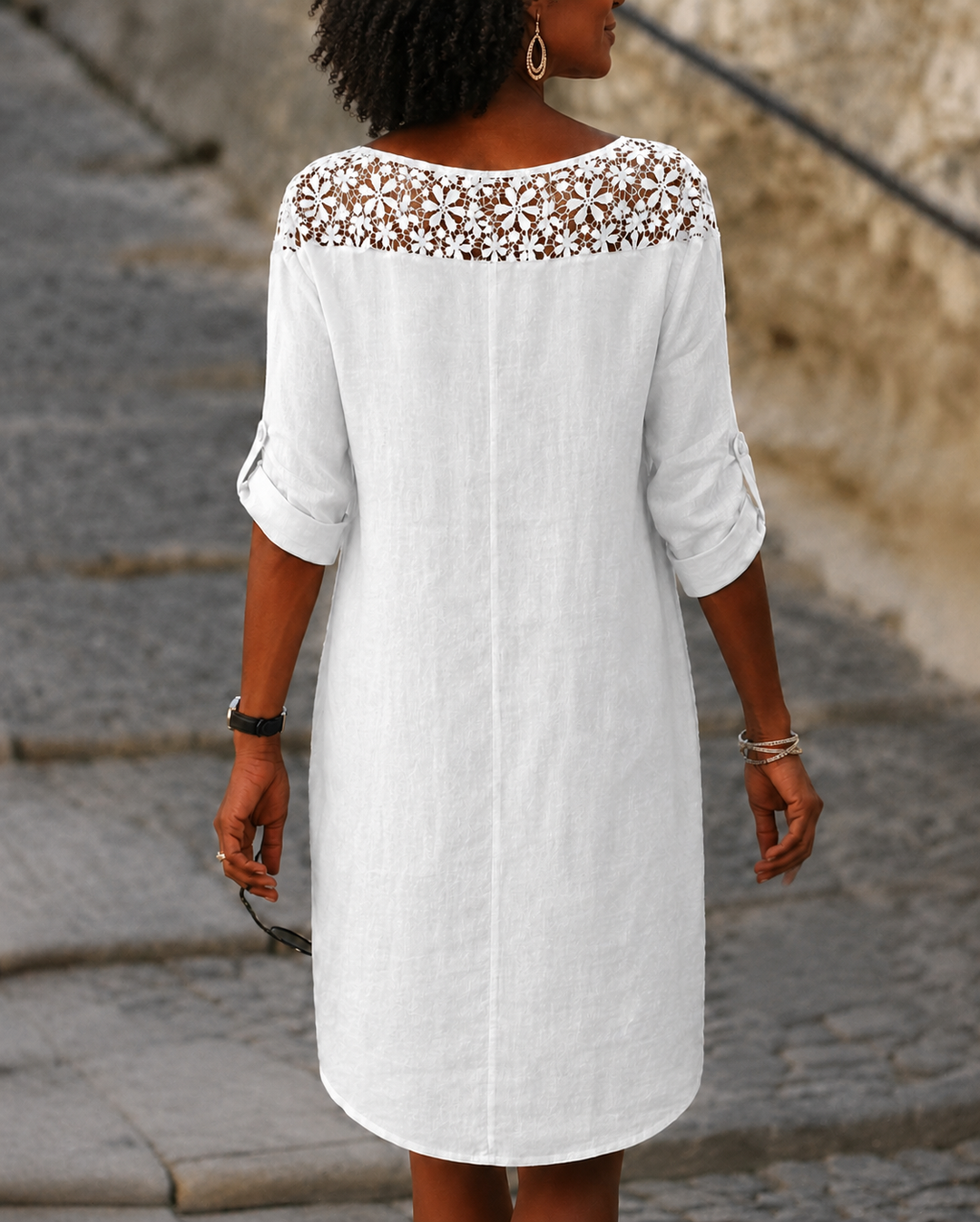 Half Sleeve V Neck White Lace Dress