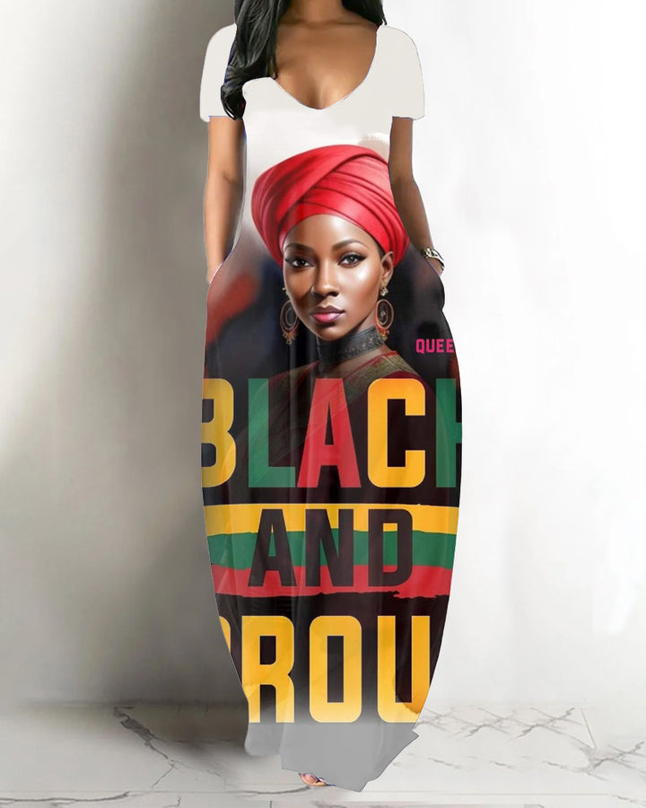 V-neck Black and Proud Art Pocket Maxi Dress