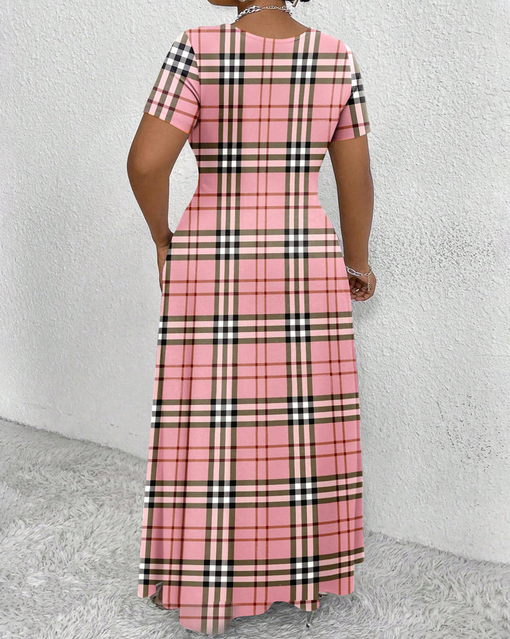Pink Plaid Print Round Neck Short Sleeve Maxi Dress