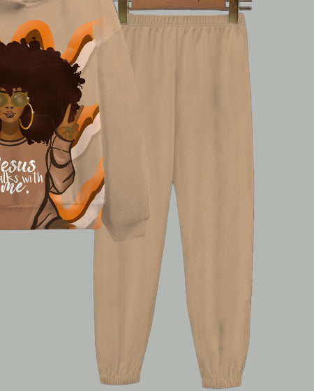 Jesus Walks with Me Long Sleeve Hoodie Two Pieces Set
