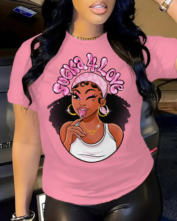 Sweet Balck Girl Cartoon Crew Neck Short Sleeve Cotton T-Shirt