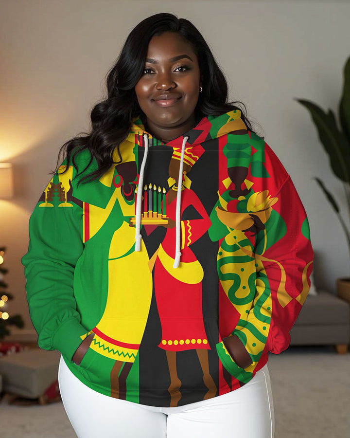 Women's Kwanzaa Black Printed Long Sleeve Pocket Hoodie