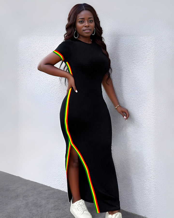 Juneteenth Stripe Hem Slit Crew Neck Short Sleeve Dress