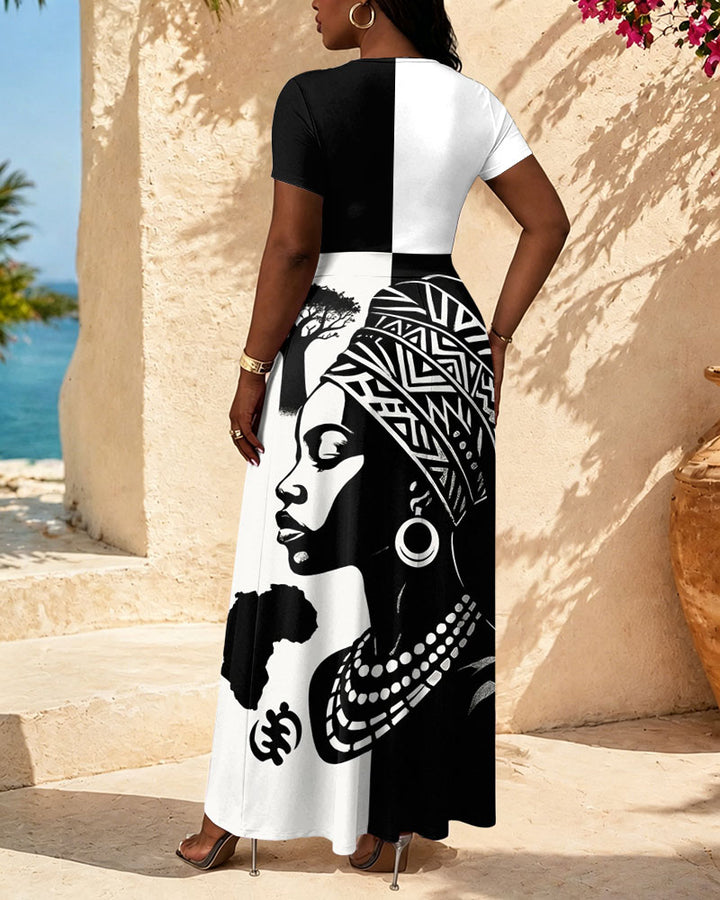 Color-blocked Black Women Art High-waisted Long Dress
