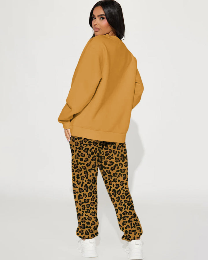 Country Gals Leopard Print Crew Neck Sweatshirt Two Pieces Set