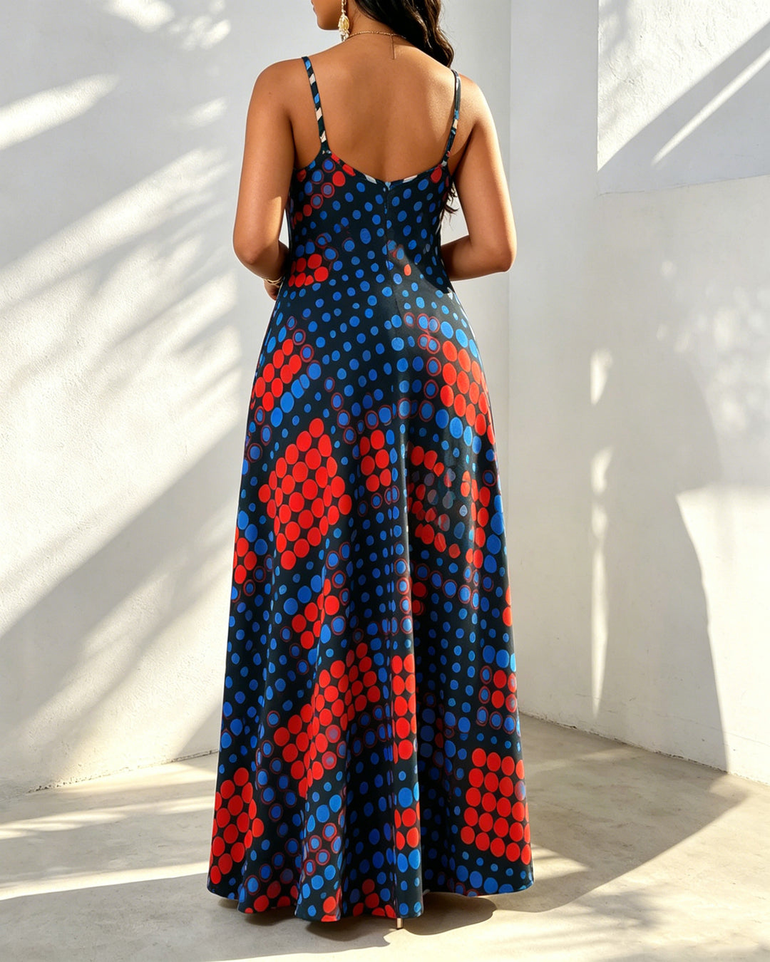 Irregular Color-blocked Polka Dots Print Pocket Maxi Dress