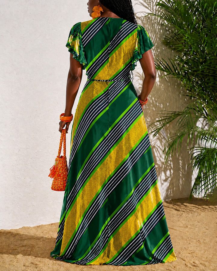 Abstract Color-blocked Stripes V-Neck Lace Trim Flared Sleeve Full Swing Maxi Dress