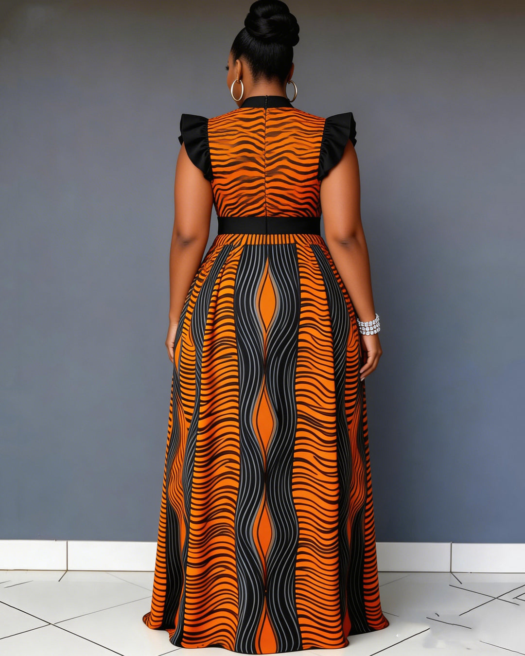 Irregular Striped Lace Sleeves High Waist Maxi Dress
