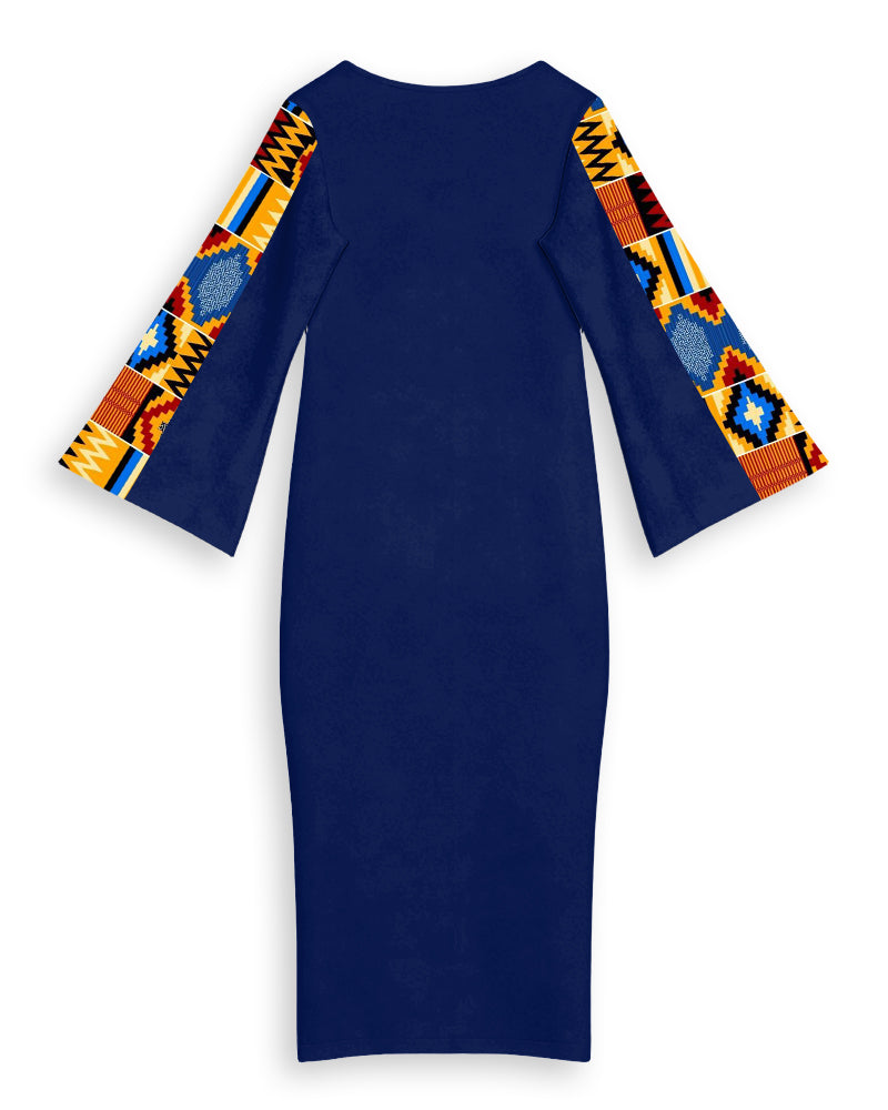 Ankara Printed Patchwork Round Neck Bell Sleeve Bodycon Long Dress