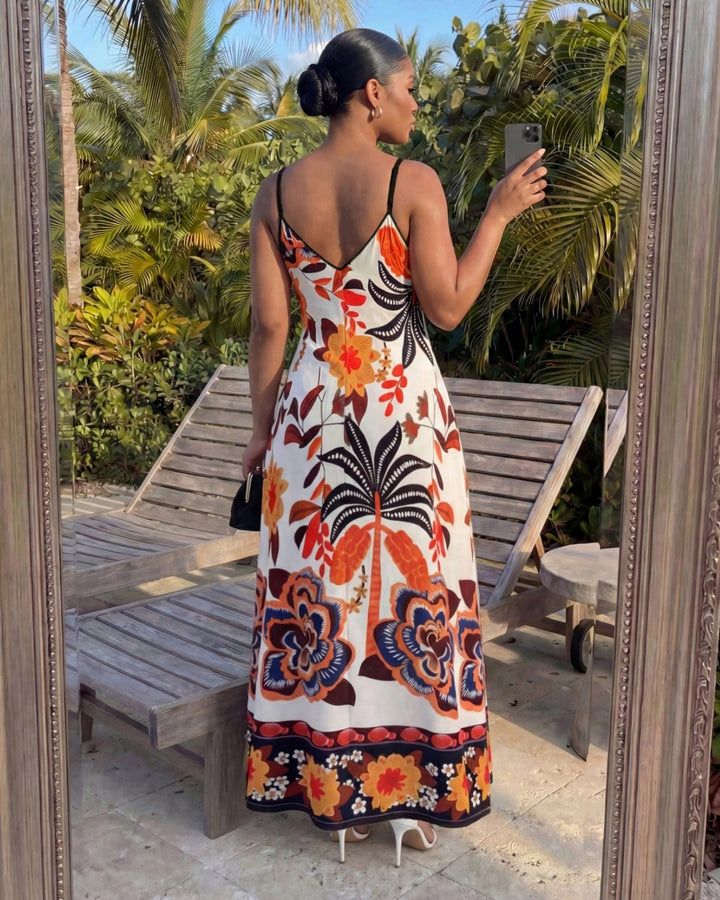 Sling Bohemian Flowers and Plants Print Pocket Maxi Dress