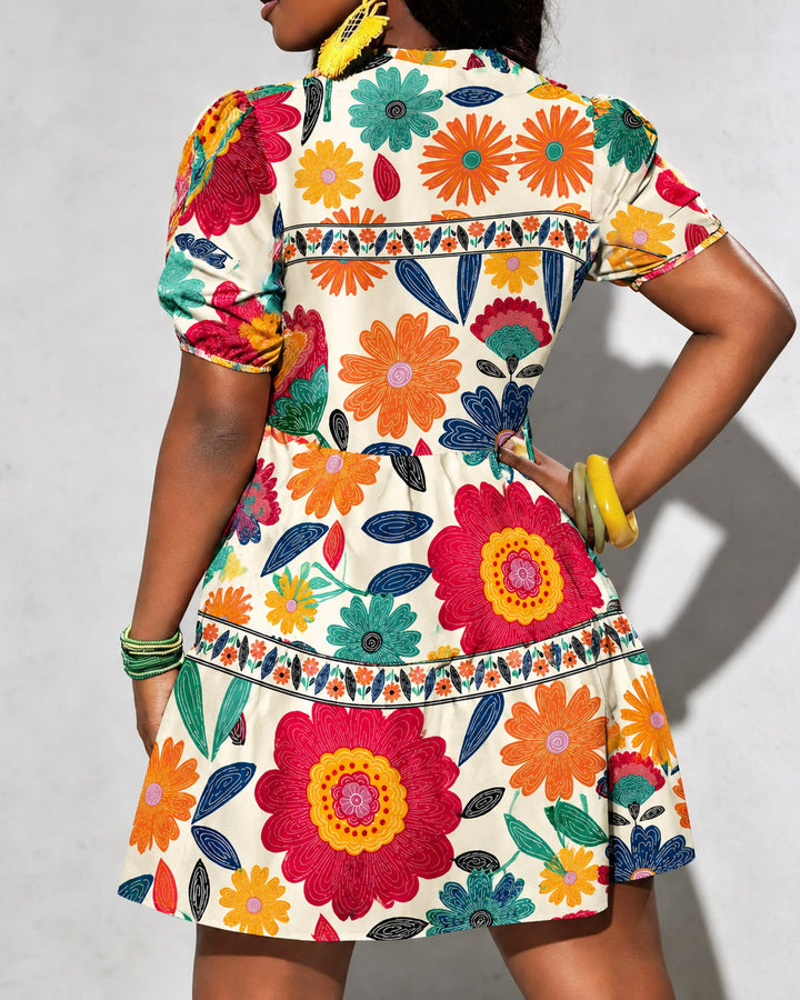 Summer Bohemian Floral Print Ruffle Lantern Sleeve Loose Dress