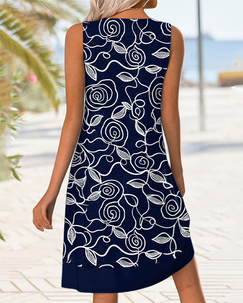 White Floral Art Print Sleeveless Casual Dress