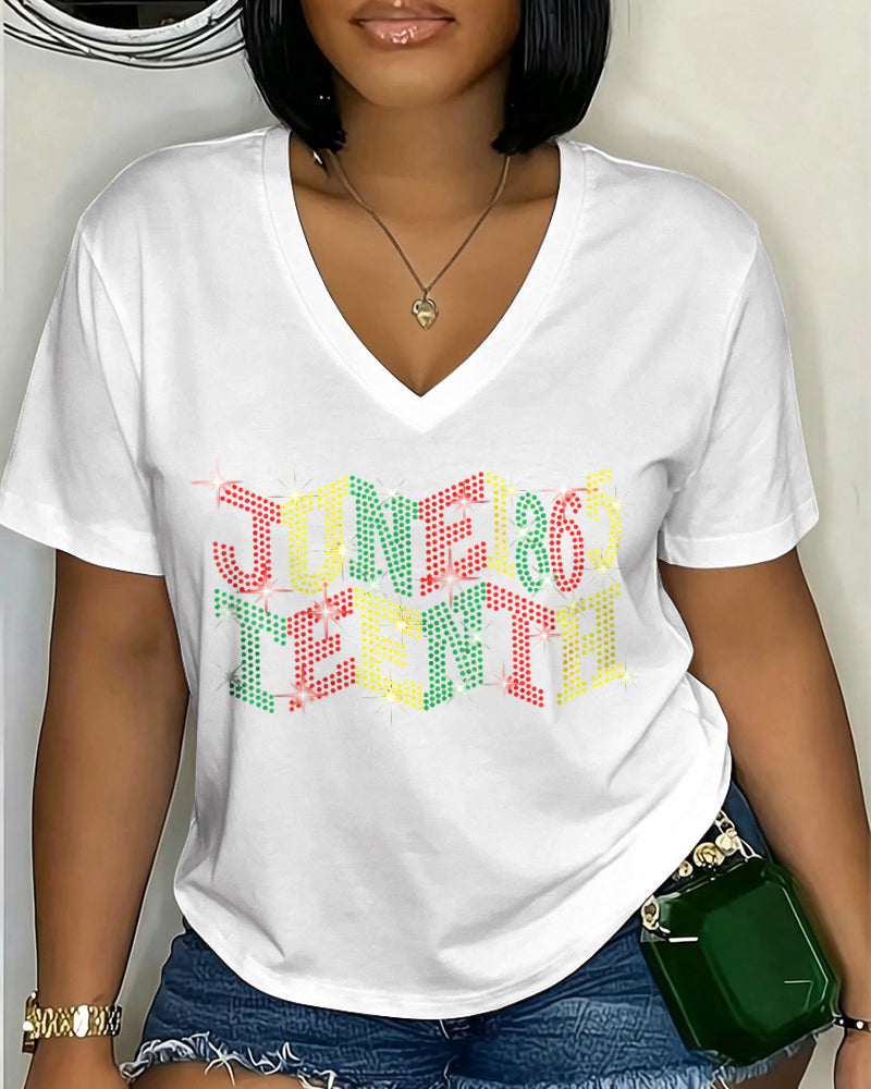 100% Cotton Juneteenth Colorful Polka Dots V Neck Short Sleeve Tshirt