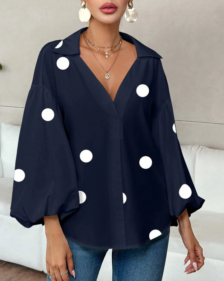Collared V‑Neck Balloon Long Sleeve Blouse