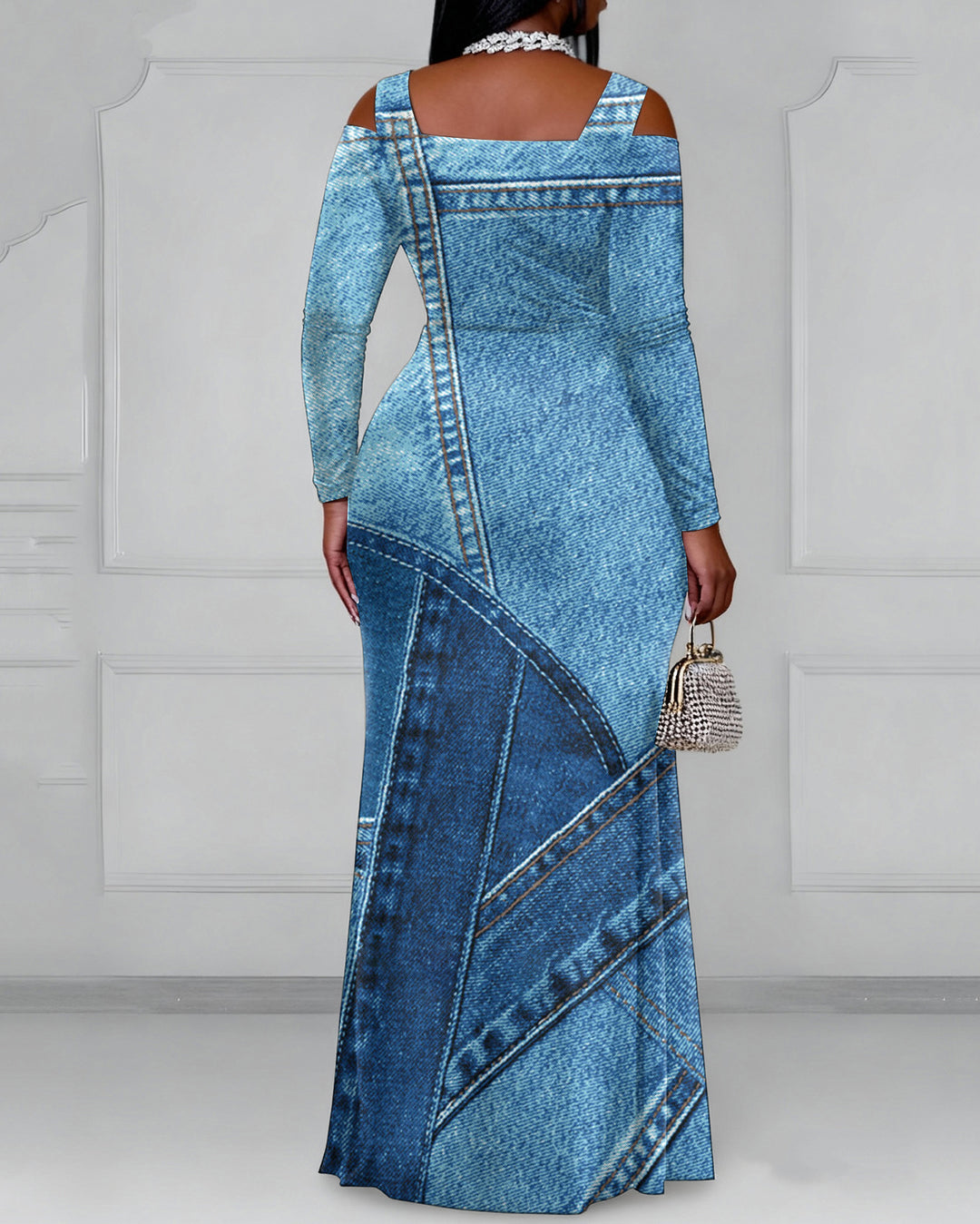 Cutout Off-shoulder V-neck Denim Patch Print Long Sleeve Bodycon Party Dress