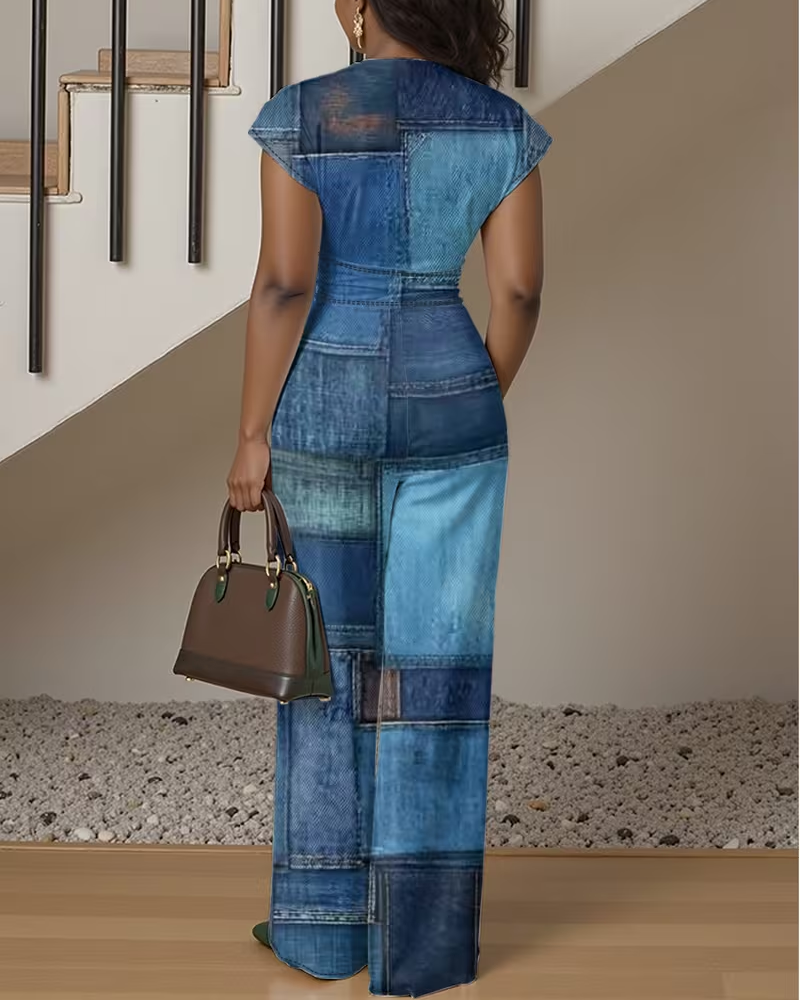 2D Flat Pattern Digital Printing V-Neck Waist Straight Jumpsuit