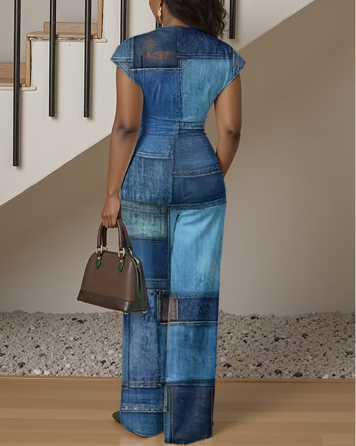 2D Flat Pattern Digital Printing V-Neck Waist Straight Jumpsuit